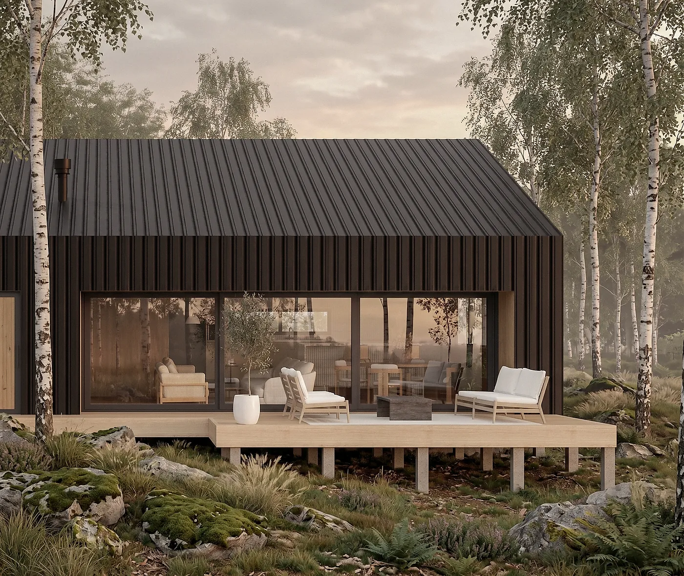 Casa Bosque — cabaña prediseñada a dos aguas con revestimiento negro entre abedules